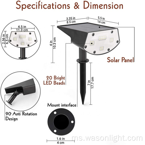 Wason Wholesale 20Led dinaik taraf Ultra Bright IP65 Outdoor Waterproof Landscape Solar Spotlight Wireless Garden Lawn Light